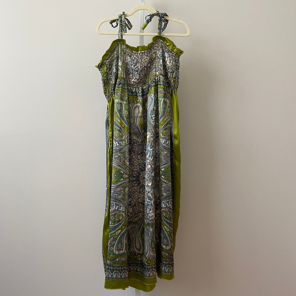 Mamta Boho Beachy Paisley Smocked Tie Strap Maxi Dress OS Green